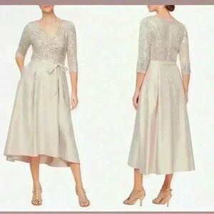 Alex Evenings Size 14 Sequin Bodice & Satin Midi Dress in Taupe NWT